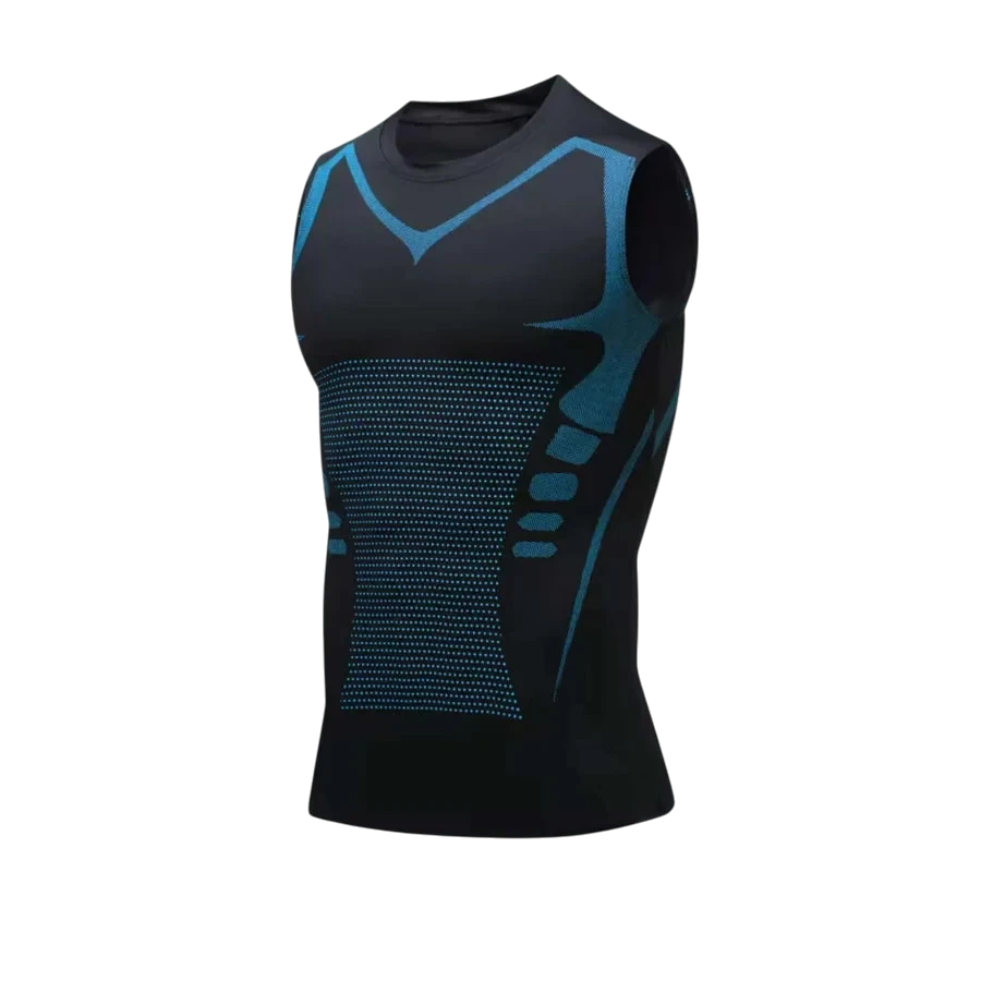 Débardeur de compression WEST UNIT Karbon noir avec détails bleus pour affiner la silhouette et améliorer la posture