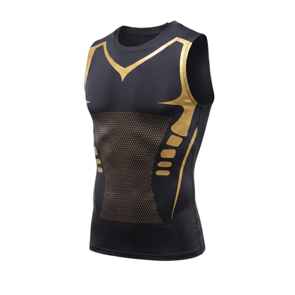 Débardeur de compression WEST UNIT Karbon noir et doré pour homme, conçu pour affiner la silhouette et la posture.